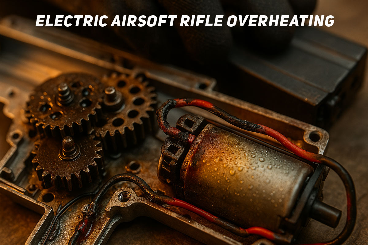 Macro photo showing overheating electric airsoft rifle gearbox: oily metal gears, scorched connectors, discolored motor casing, warped wiring, condensation, and a gloved player’s hand resting on a magazine in the blurred background. Detailed wear and heat effects highlight mechanical stress during intense gameplay.