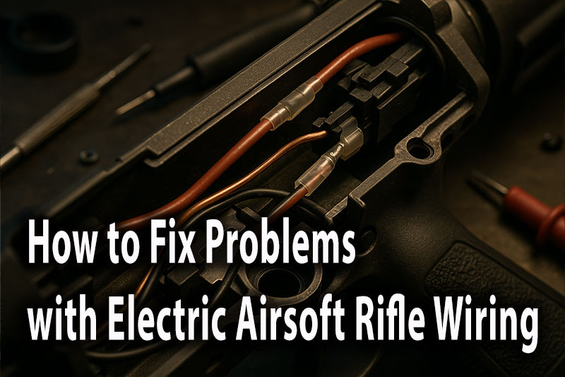 Close-up view inside an electric airsoft rifle showing intricate wiring, connectors, and gearbox during troubleshooting. Fine copper wires, heat-shrink tubing, and solder joints are in sharp focus. Precision tools, multimeter probe, and electrical tape visible in the background, highlighting hands-on diagnostics.